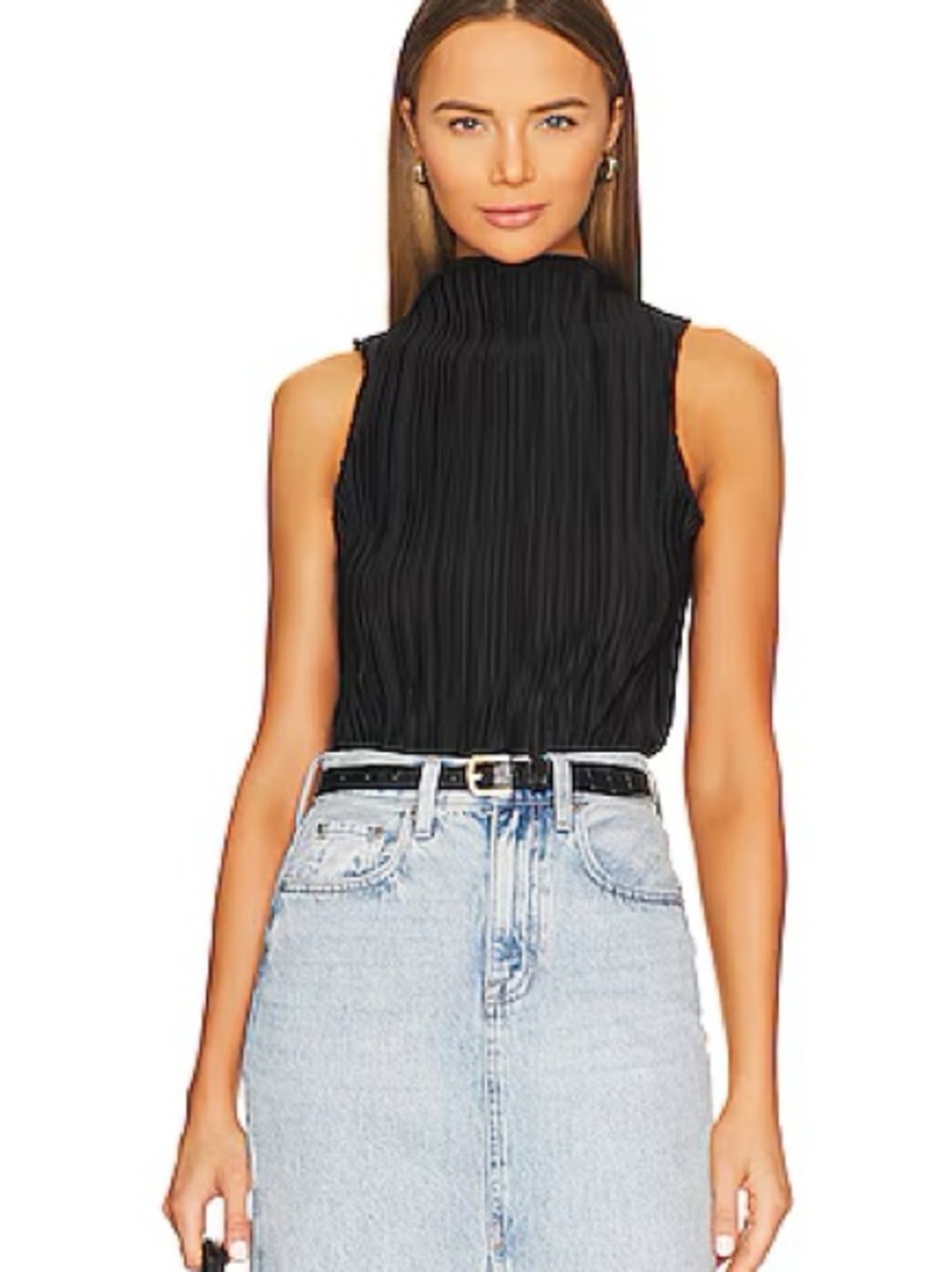Like New! Anine Bing Black Pleated Mock-Neck Sleeveless Top